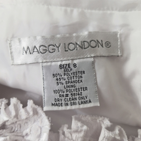 Maggy London White Lace Ruffle Neck Romantic Bridal Sheath Midi Dress Size 8 - Picture 12 of 14